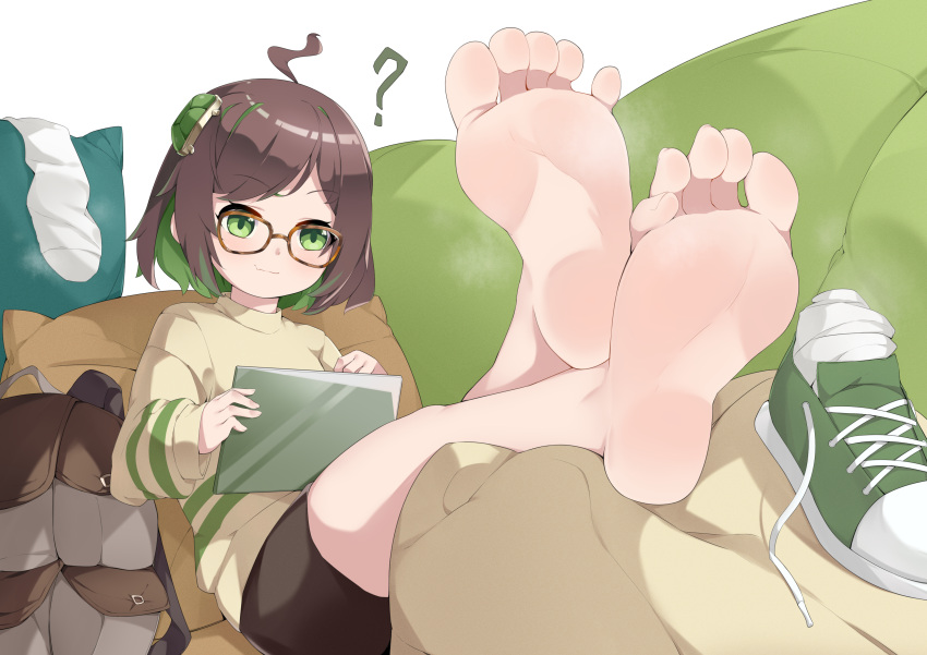 1girl ? absurdres ahoge backpack bag barefoot chashuwu closed_mouth feet foot_focus foreshortening glasses green_eyes hair_ornament highres original pillow resting shoes shoes_removed socks socks_removed soles solo steaming_body toes