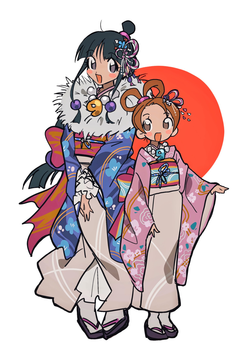 2girls absurdres ace_attorney alternate_costume bangs black_hair blunt_bangs blush brown_eyes brown_hair floral_print flower full_body grgrton hair_flower hair_ornament highres japanese_clothes jewelry kimono long_hair long_sleeves looking_at_viewer magatama maya_fey multiple_girls necklace obi open_mouth parted_bangs pearl_fey sandals sash short_hair siblings sidelocks sisters smile tabi wide_sleeves