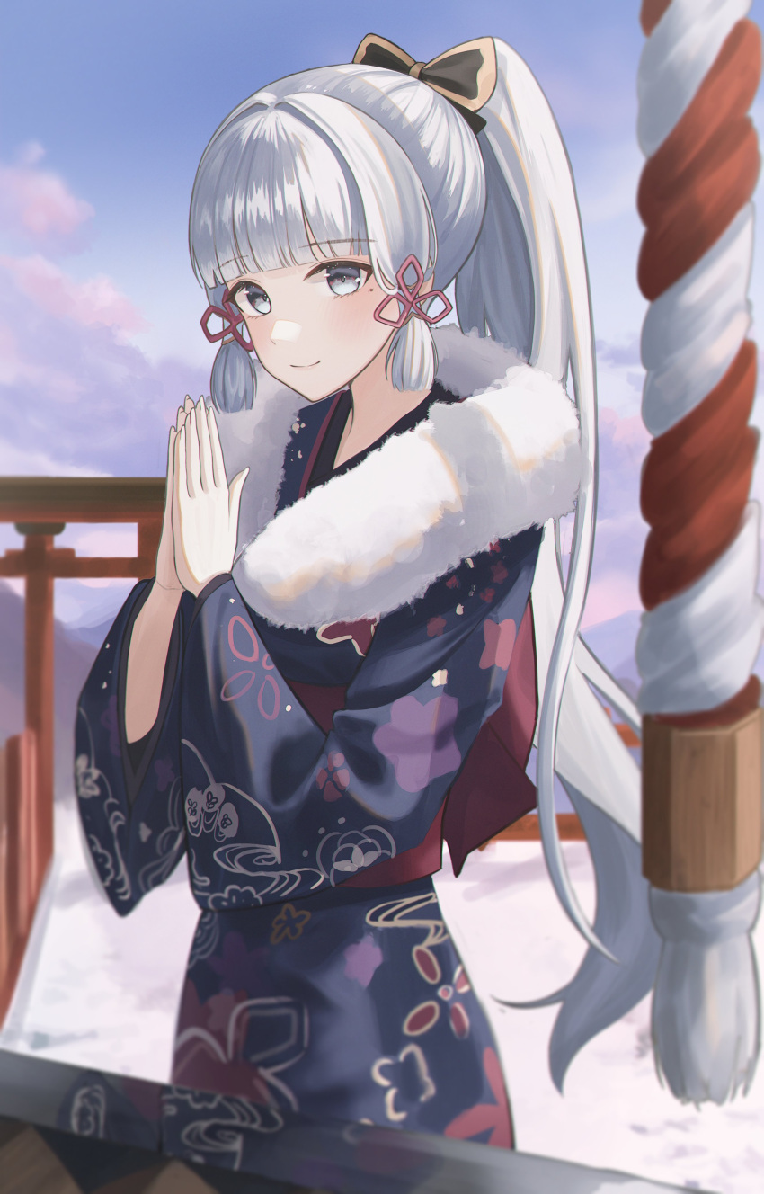 1girl absurdres bangs black_bow blue_kimono blue_sky blunt_bangs blunt_tresses blush bow closed_mouth cowboy_shot genshin_impact grey_eyes hair_bow hair_ribbon hatsumoude high_ponytail highres japanese_clothes kamisato_ayaka kimono kouhaku_nawa long_hair long_sleeves looking_at_viewer new_year outdoors own_hands_together praying print_kimono red_ribbon ribbon rope seina_106 shimenawa sidelocks sky smile snow solo standing torii white_hair