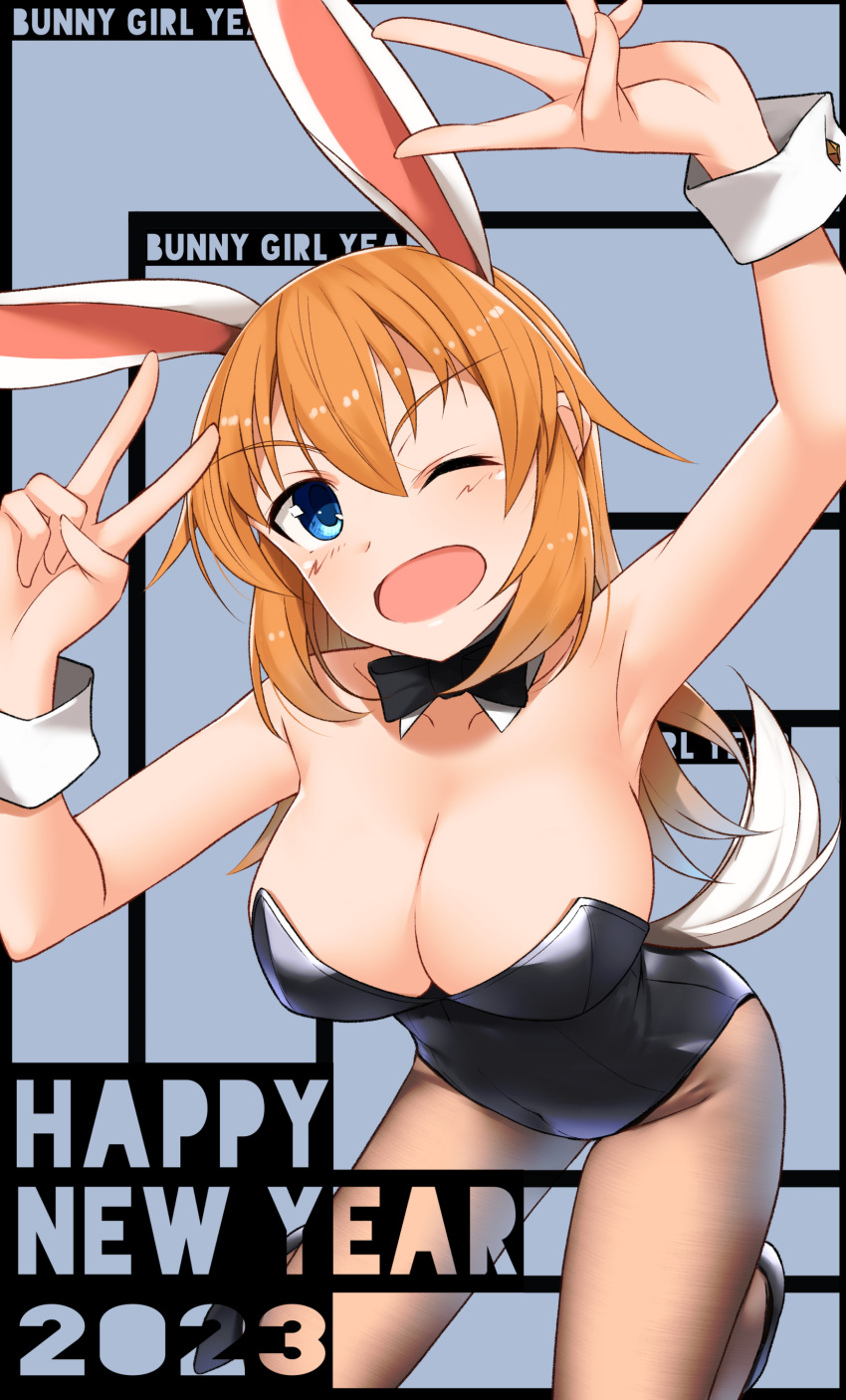 2023 absurdres blue_eyes bow bowtie breasts charlotte_e._yeager chinese_zodiac cleavage detached_collar happy_new_year highres hiroshi_(hunter-of-kct) large_breasts leotard long_hair looking_at_viewer nengajou new_year one_eye_closed open_mouth pantyhose playboy_bunny shiny shiny_hair strike_witches thighhighs v world_witches_series wrist_cuffs year_of_the_rabbit