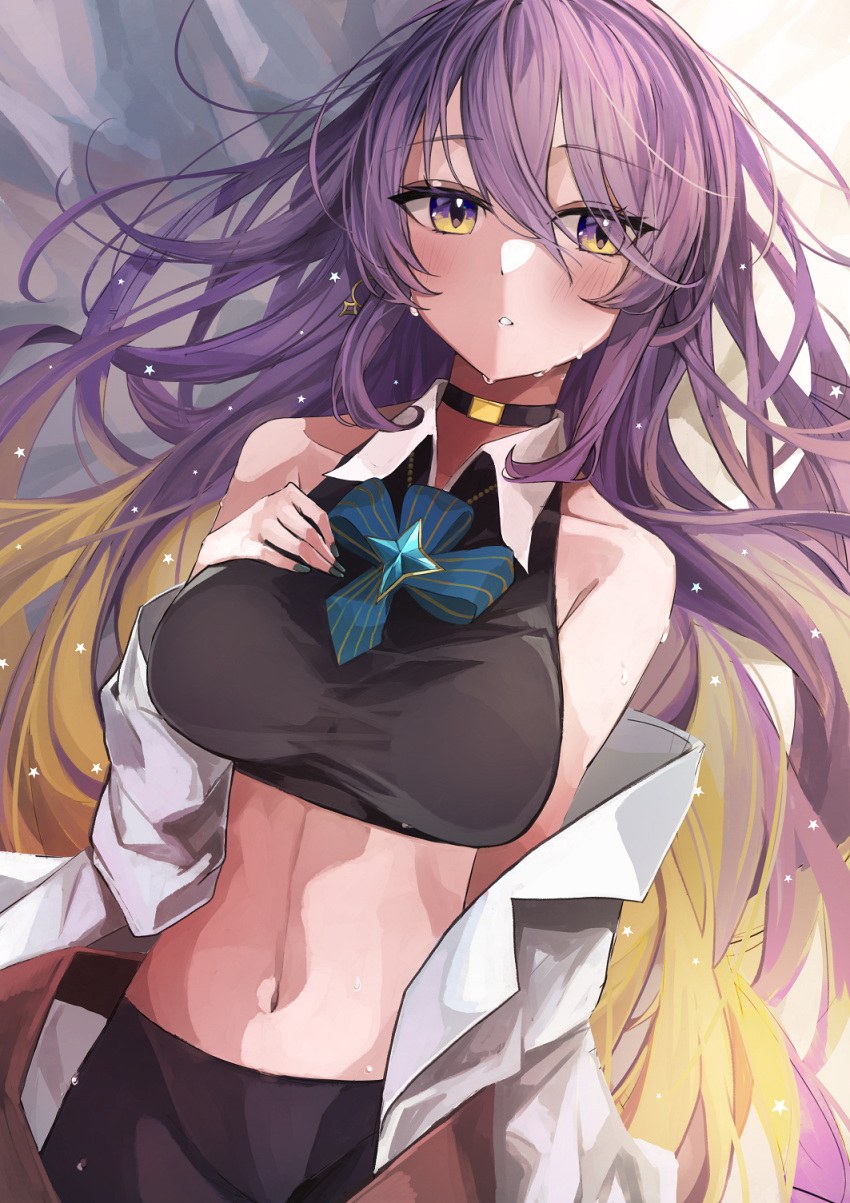 1girl bangs black_tank_top blush breasts colored_inner_hair commentary crop_top gradient_eyes gradient_hair hair_between_eyes highres hololive hololive_indonesia iwahada large_breasts looking_at_viewer midriff moona_hoshinova multicolored_eyes multicolored_hair navel off_shoulder purple_eyes purple_hair shirt solo starry_hair sweat symbol-only_commentary tank_top two-tone_hair virtual_youtuber white_shirt