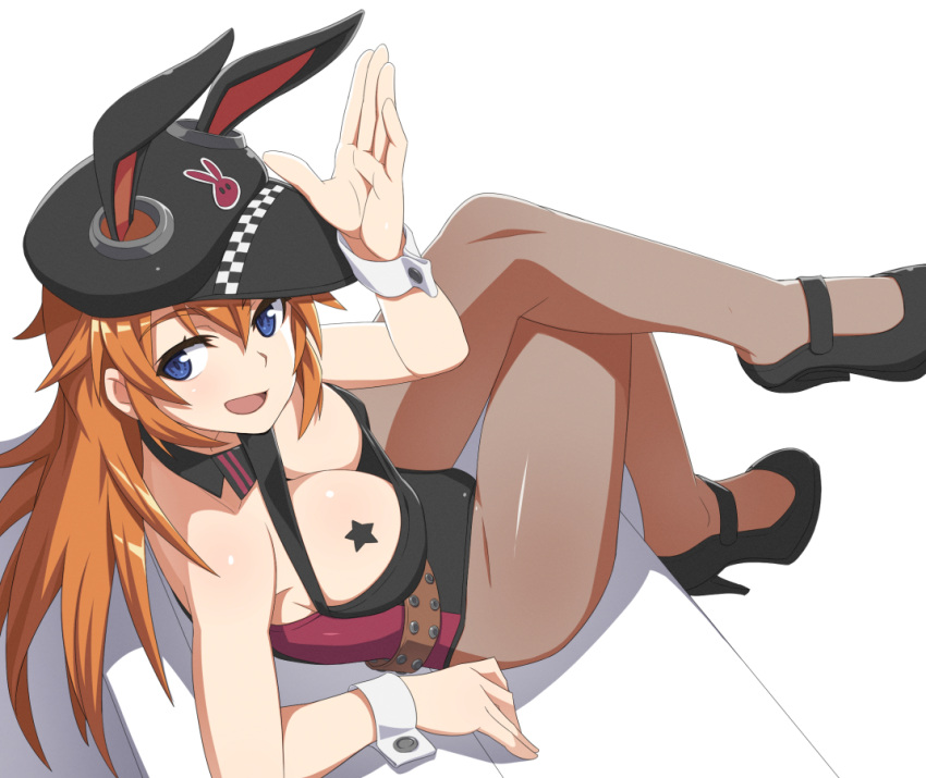 1girl animal_ears black_pantyhose blue_eyes blush breasts charlotte_e._yeager cleavage hat high_heels large_breasts leotard long_hair looking_at_viewer nanashino open_mouth orange_hair pantyhose rabbit_ears shiny shiny_hair simple_background smile solo strike_witches white_background world_witches_series