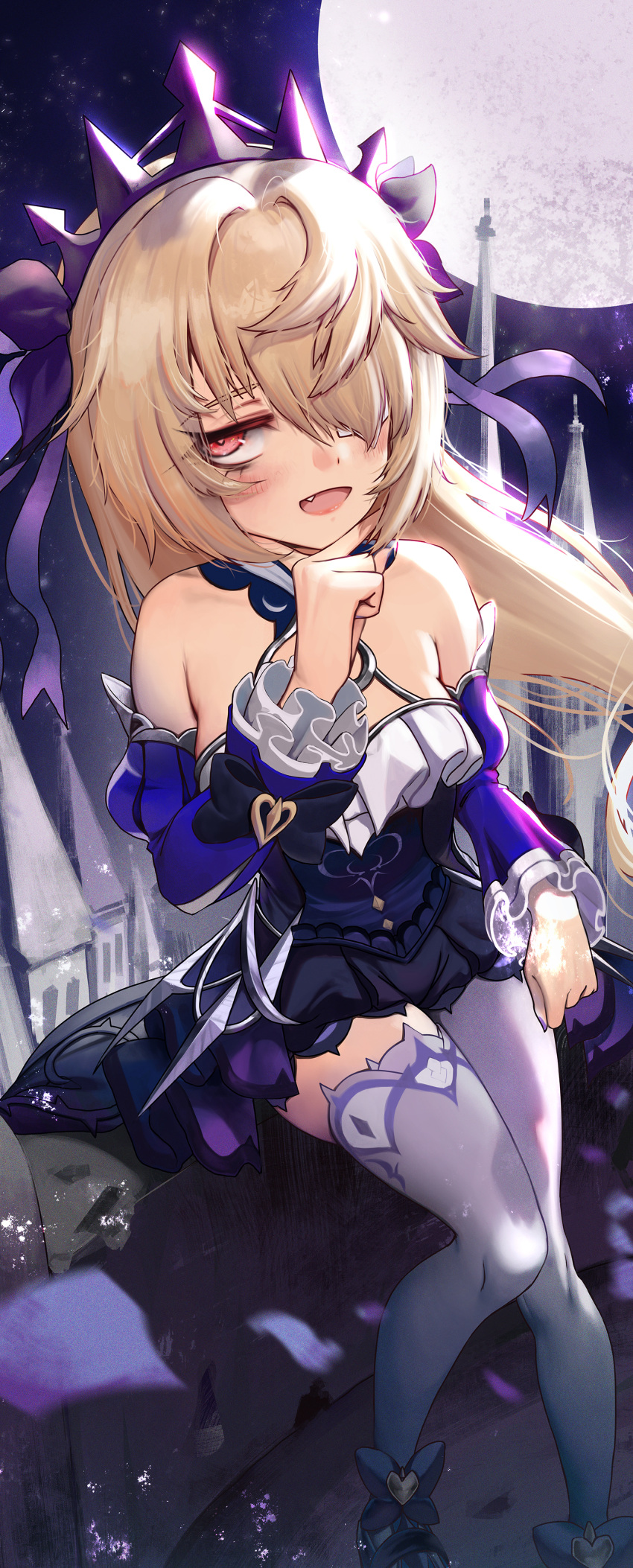 1girl absurdres alternate_eye_color bangs bare_shoulders blonde_hair blush breasts castle choker chuunibyou detached_sleeves dress eyepatch fang fischl_(ein_immernachtstraum)_(genshin_impact) fischl_(genshin_impact) frills gem genshin_impact hair_over_one_eye hand_on_own_chin highres jewelry long_hair long_sleeves looking_at_viewer moon night official_alternate_costume one_eye_covered open_mouth oz_(genshin_impact) pantyhose purple_choker purple_dress purple_gemstone purple_ribbon purple_sleeves red_eyes ribbon ring single_leg_pantyhose smile solo thighhighs thighs tiara torriet white_pantyhose white_thighhighs