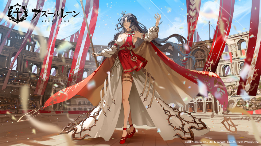 1girl architecture azur_lane bare_shoulders black_hair blue_eyes breasts cleavage colosseum crown detached_sleeves dress full_body greco-roman_architecture hair_ornament heterochromia highres holding holding_staff kuga_huna large_breasts long_hair mini_crown official_art open_mouth outdoors real_world_location red_footwear robe roma_(azur_lane) staff standing thigh_strap yellow_eyes