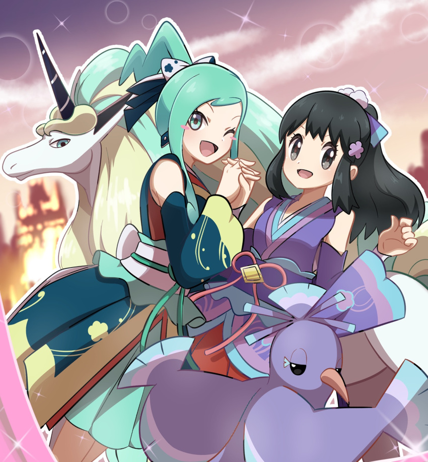 2girls :d ;d alternate_color aqua_hair beak black_hair blush_stickers commentary_request dawn_(new_year's_2023)_(pokemon) dawn_(pokemon) detached_sleeves galarian_rapidash happy highres holding_hands horns interlocked_fingers japanese_clothes kimono lisia_(new_year's_2023)_(pokemon) lisia_(pokemon) long_hair looking_at_viewer multiple_girls obi official_alternate_costume one_eye_closed open_mouth oricorio oricorio_(sensu) pokemon pokemon_(creature) pokemon_(game) pokemon_masters_ex ponytail saon101 sash shiny_pokemon single_horn smile sparkle