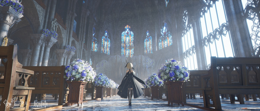 1girl absurdres alternate_costume arch architecture backlighting black_dress blonde_hair bouquet cathedral church detached_sleeves dress elbow_gloves from_behind from_below genshin_impact gloves hair_ornament highres lumine_(genshin_impact) pew pillar short_hair_with_long_locks sidelocks sleeveless sleeveless_dress solo stained_glass statue thighhighs void_0 window