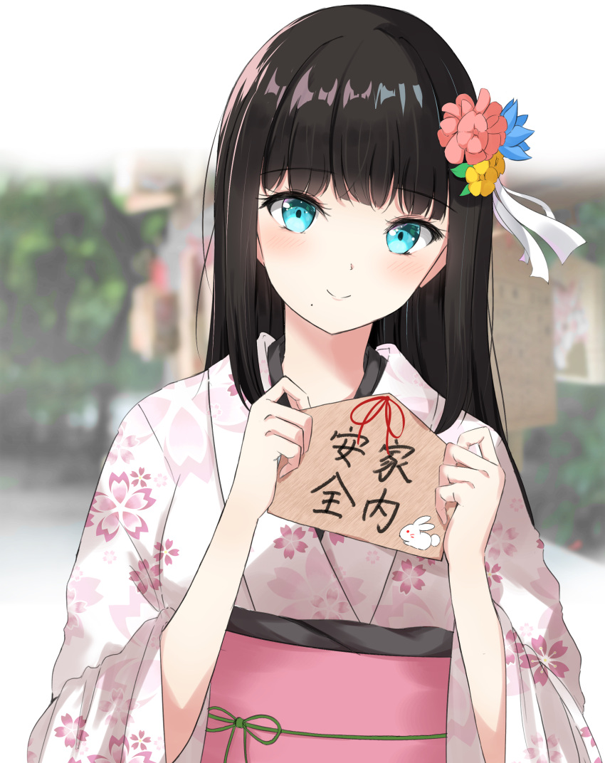 1girl absurdres bangs birthday black_hair blurry blurry_background blush closed_mouth commentary_request ema floral_print flower green_eyes hair_flower hair_ornament hands_up highres hime_cut holding japanese_clothes kimono kurosawa_dia long_hair looking_at_viewer love_live! love_live!_sunshine!! mole mole_under_mouth new_year obiage obijime right-over-left_kimono shiny shiny_hair sidelocks sin_(sin52y) smile solo straight_hair upper_body yukata