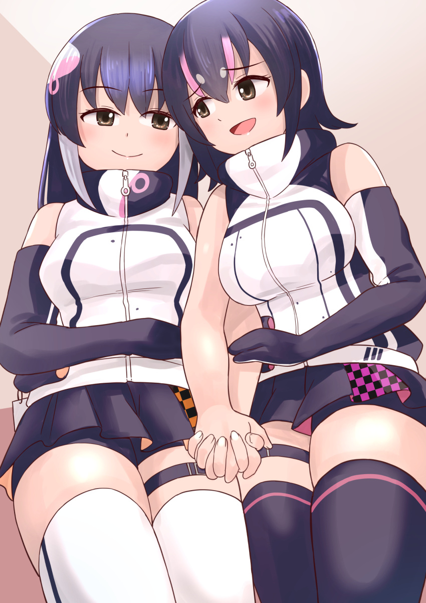 2girls african_penguin_(kemono_friends) bare_shoulders belt black_hair brown_eyes closed_mouth elbow_gloves gloves highres humboldt_penguin_(kemono_friends) kemono_friends kemono_friends_v_project multicolored_hair multiple_girls open_mouth penguin_girl pink_hair ras_(ras33635191) shirt short_hair simple_background skirt sleeveless sleeveless_shirt socks thighhighs virtual_youtuber zipper