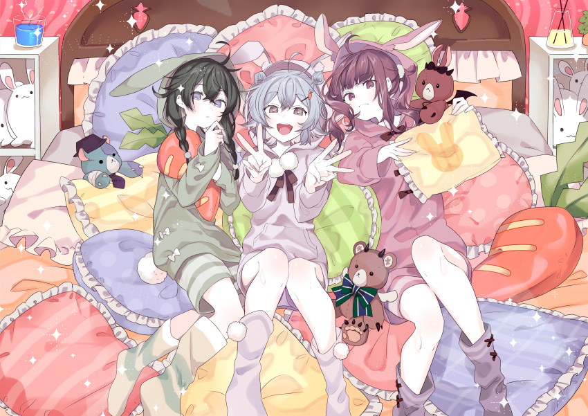 3girls :d absurdres ahoge animal_ears bandages bed black_hair black_ribbon bow bowtie braid cabinet candle carrot_hair_ornament cevio double_bun fake_animal_ears fake_tail food-themed_hair_ornament frilled_pillow frills green_hoodie grey_hair grey_hoodie hair_bun hair_ornament hairclip hanakuma_chifuyu hat highres holding holding_pillow hood hoodie horns koharu_rikka low_twin_braids mole mole_under_eye multiple_girls natsuki_karin necktie object_hug on_bed pajamas pillow pillow_hug plaid polka_dot pom_pom_(clothes) purple_eyes rabbit red_hair red_hoodie ribbon short_twintails shorts smile sparkle striped stuffed_animal stuffed_toy synthesizer_v tail teddy_bear toudou_charo twin_braids twintails v w white_rabbit_(animal) white_ribbon wings