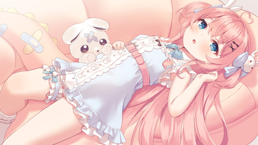1girl bangs bare_arms blue_bow blue_dress blue_eyes bow chitosezaka_suzu collared_shirt commentary_request commission couch crossed_bandaids dress dress_shirt feet_out_of_frame hair_between_eyes hair_bow hair_ornament hand_up long_hair lying on_back on_couch original pink_hair rabbit_hair_ornament shirt skeb_commission sleeveless sleeveless_dress sleeveless_shirt socks solo stuffed_animal stuffed_bunny stuffed_toy tail two_side_up very_long_hair white_shirt white_socks