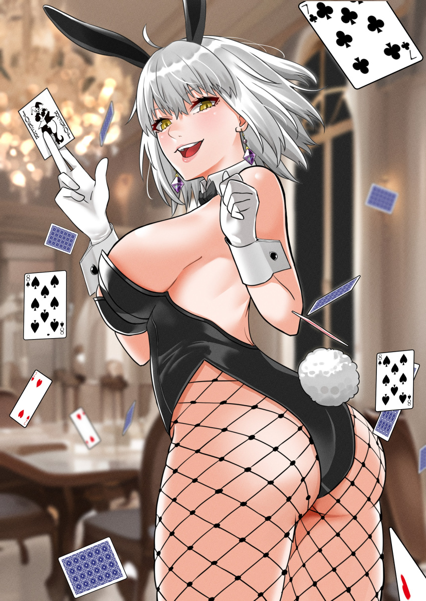 1girl absurdres ahoge animal_ears ass bangs black_leotard breasts card chinese_zodiac detached_collar earrings fake_animal_ears fate/grand_order fate_(series) fishnet_pantyhose fishnets gloves grey_hair highleg highleg_leotard highres jeanne_d'arc_alter_(avenger)_(fate) jeanne_d'arc_alter_(fate) jewelry large_breasts leotard looking_at_viewer looking_back open_mouth pantyhose playboy_bunny playing_card rabbit_ears rabbit_tail short_hair smile solo tail tomotomow00w white_gloves wrist_cuffs year_of_the_rabbit yellow_eyes