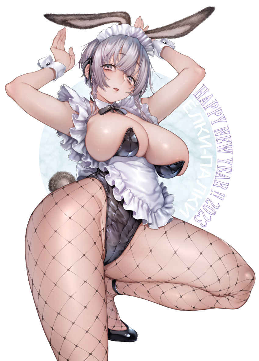 1girl 2023 absurdres animal_ears apron black_footwear braid breasts bunny_pose chinese_zodiac cleavage detached_collar fishnet_pantyhose fishnets frills grey_hair happy_new_year highres looking_at_viewer maid_apron maid_headdress open_mouth original pantyhose plaid playboy_bunny purple_eyes rabbit_ears rabbit_tail rororogi_mogera solo tail wrist_cuffs year_of_the_rabbit