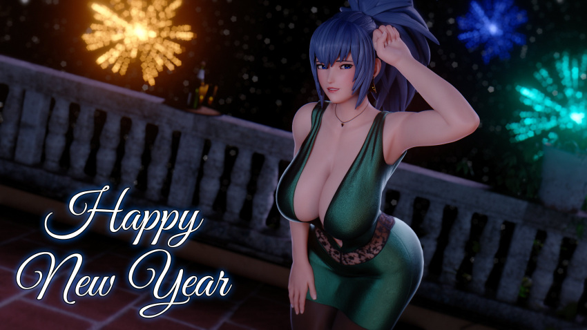 1girl 3d absurdres aerial_fireworks bare_shoulders belt blue_eyes blue_hair blurry blurry_foreground bouquetman breasts collar fireworks green_pants happy_new_year highres jewelry large_breasts leona_heidern pants ponytail railing sleeveless solo the_king_of_fighters