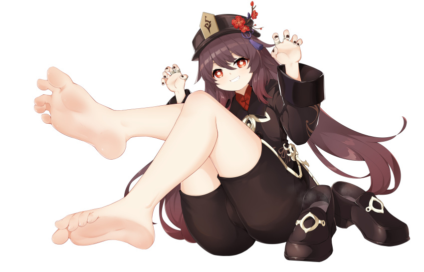 1girl absurdres barefoot black_nails brown_hair chashuwu claw_pose coat feet flower flower-shaped_pupils foot_focus foreshortening genshin_impact grin hands_up hat hat_flower highres hu_tao_(genshin_impact) jewelry long_hair long_sleeves multiple_rings open_mouth porkpie_hat red_eyes red_flower ring shoes shoes_removed short_shorts shorts smile soles solo symbol-shaped_pupils tassel toes white_background