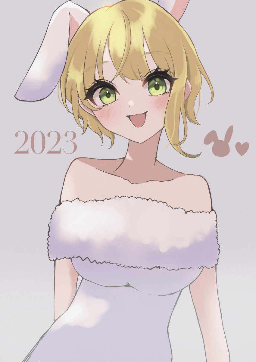 1girl 2023 absurdres animal_ears asymmetrical_hair bangs blonde_hair blush chinese_zodiac collarbone commentary_request eyelashes fake_animal_ears fur-trimmed_shirt fur_trim green_eyes highres idolmaster idolmaster_cinderella_girls looking_at_viewer miyamoto_frederica new_year off-shoulder_shirt off_shoulder open_mouth pona_(min_817min) rabbit_ears shirt short_hair simple_background smile solo upper_body wavy_hair white_background year_of_the_rabbit