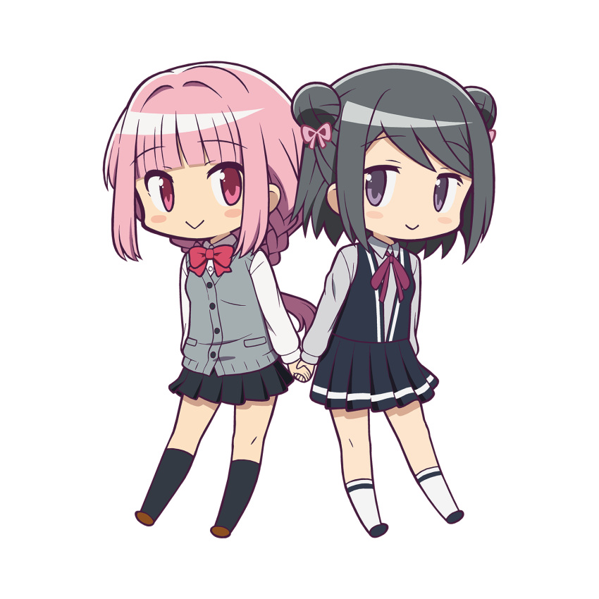 2girls :&gt; arms_at_sides bangs black_dress black_footwear black_hair black_skirt black_socks blunt_bangs blush_stickers bow bowtie braid brown_footwear buttons cardigan cardigan_vest chibi closed_mouth collared_shirt double_bun dress full_body gecchu grey_cardigan grey_shirt hair_bun hair_ribbon highres holding_hands kneehighs kuroe_(madoka_magica) long_hair long_sleeves looking_at_another low-tied_long_hair low_ponytail magia_record:_mahou_shoujo_madoka_magica_gaiden mahou_shoujo_madoka_magica miniskirt multiple_girls neck_ribbon no_nose pink_bow pink_bowtie pink_eyes pink_hair pink_ribbon pleated_skirt purple_ribbon ribbon school_uniform shirt shirt_under_dress shoes short_dress short_hair side_braids sidelocks simple_background skirt socks swept_bangs takarazaki_school_uniform tamaki_iroha very_long_hair white_background white_shirt white_socks