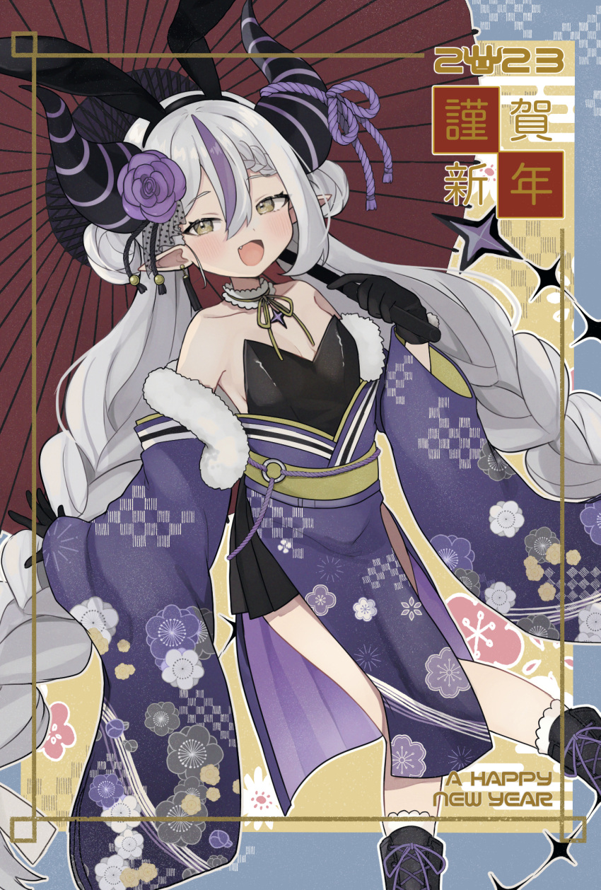 1girl 2023 :d alternate_costume animal_ears black_gloves black_horns braid breasts cleavage fake_animal_ears fang floral_print fur-trimmed_kimono fur_trim gloves hair_between_eyes happy_new_year highres holding holding_umbrella hololive horns japanese_clothes kimono la+_darknesss long_hair looking_at_viewer multicolored_hair mutsumi326 obi oil-paper_umbrella open_mouth pointy_ears print_kimono purple_hair purple_kimono rabbit_ears sash small_breasts smile solo streaked_hair striped_horns twin_braids umbrella very_long_hair virtual_youtuber