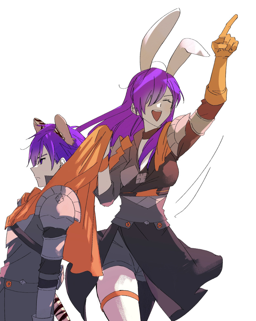 1boy 1girl 2023 absurdres animal_ears armor asymmetrical_clothes bangs breasts cape chibi choker cleavage closed_mouth dragging dual_persona fire_emblem fire_emblem:_three_houses fire_emblem_warriors:_three_hopes gloves hair_bun highres illust_mi long_hair open_mouth purple_hair rabbit_ears shez_(fire_emblem) shez_(fire_emblem)_(female) shez_(fire_emblem)_(male) short_hair