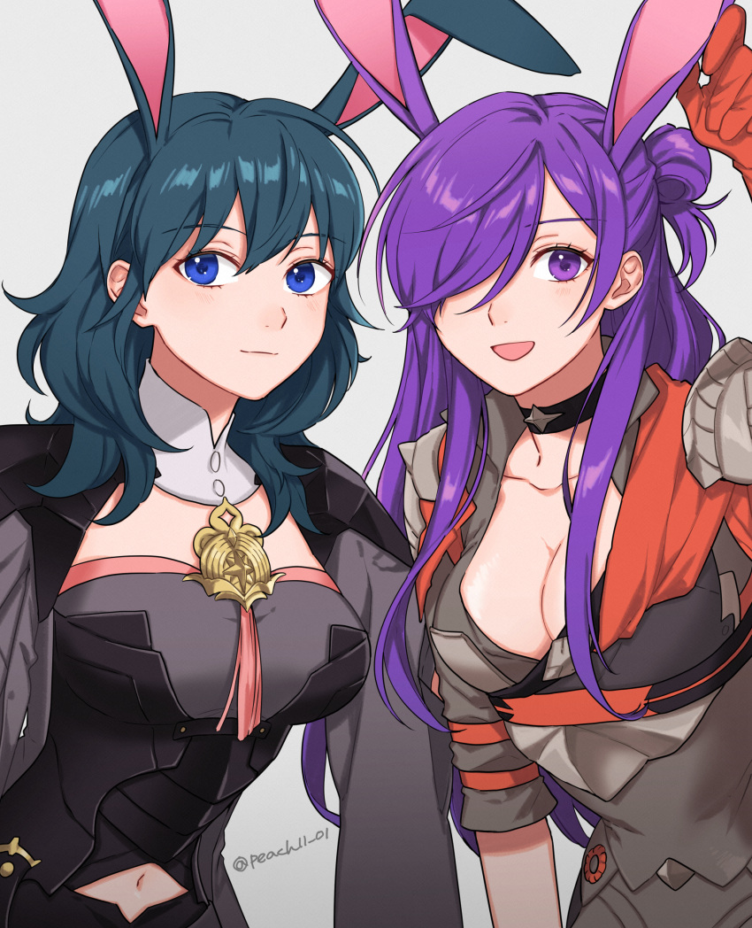 2girls absurdres animal_ears armor asymmetrical_clothes bangs black_coat blue_eyes blue_hair blush bodice breasts bustier byleth_(fire_emblem) byleth_(fire_emblem)_(female) cape chinese_zodiac choker cleavage closed_mouth clothing_cutout coat fire_emblem fire_emblem:_three_houses fire_emblem_warriors:_three_hopes gloves hair_between_eyes hair_bun hair_over_one_eye highres large_breasts long_hair looking_at_viewer medium_breasts medium_hair multiple_girls navel navel_cutout open_mouth peach11_01 purple_eyes purple_hair rabbit_ears shez_(fire_emblem) shez_(fire_emblem)_(female) shoulder_armor simple_background single_hair_bun smile tassel turtleneck twitter_username wide_hips year_of_the_rabbit