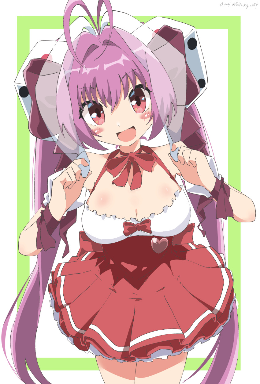 1girl absurdres animal_ears antenna_hair bare_shoulders blush bow breasts cleavage cynical_(llcbluckg_c004) di_gi_charat dice dice_hair_ornament dress hair_ornament highres large_breasts long_hair looking_at_viewer open_mouth pink_hair rabbit_ears red_eyes ribbon smile solo twintails usada_hikaru