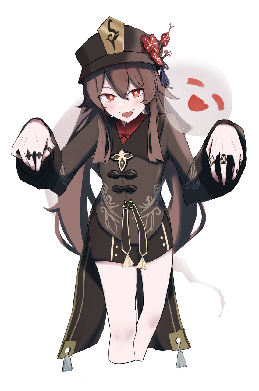 1girl absurdres bangs black_headwear black_shorts boo_tao_(genshin_impact) chinese_clothes coattails collared_coat feet_out_of_frame flower flower-shaped_pupils genshin_impact ghost ghost_pose hair_between_eyes hat hat_flower hat_ornament highres hu_tao_(genshin_impact) jewelry long_hair looking_at_viewer lztk0 multiple_rings plum_blossoms porkpie_hat ring shorts smile solo standing symbol-shaped_pupils tailcoat thumb_ring tongue tongue_out very_long_hair