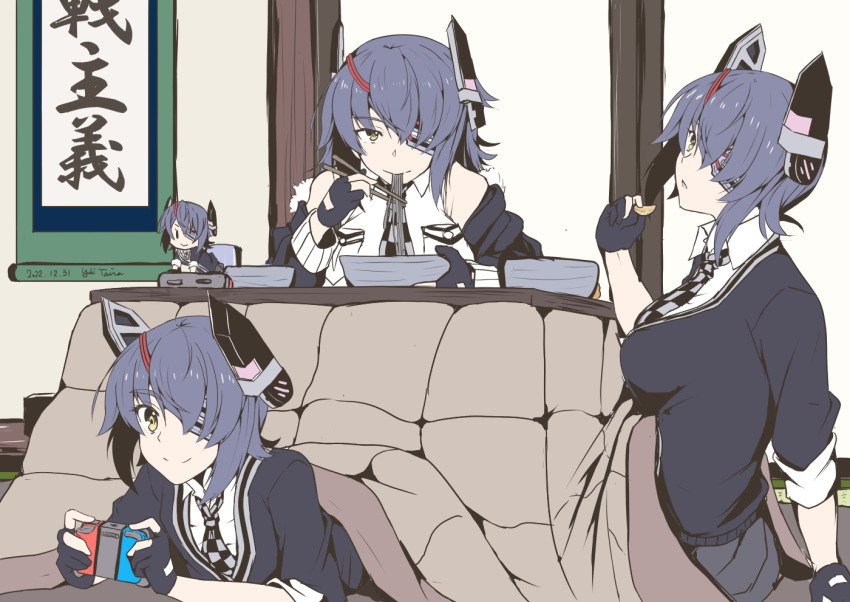 4girls bangs black_gloves black_skirt black_sweater bowl breast_pocket checkered_necktie commentary_request controller eating eyepatch fairy_(kancolle) food fruit game_controller gloves grin headgear joy-con kantai_collection kotatsu mandarin_orange minigirl multiple_girls multiple_persona necktie noodles partially_fingerless_gloves pocket purple_hair ramen school_uniform shirt short_hair skirt sleeveless sleeveless_shirt smile sweater table taira_yuuki tenryuu_(kancolle) tenryuu_kai_ni_(kancolle) under_kotatsu under_table yellow_eyes