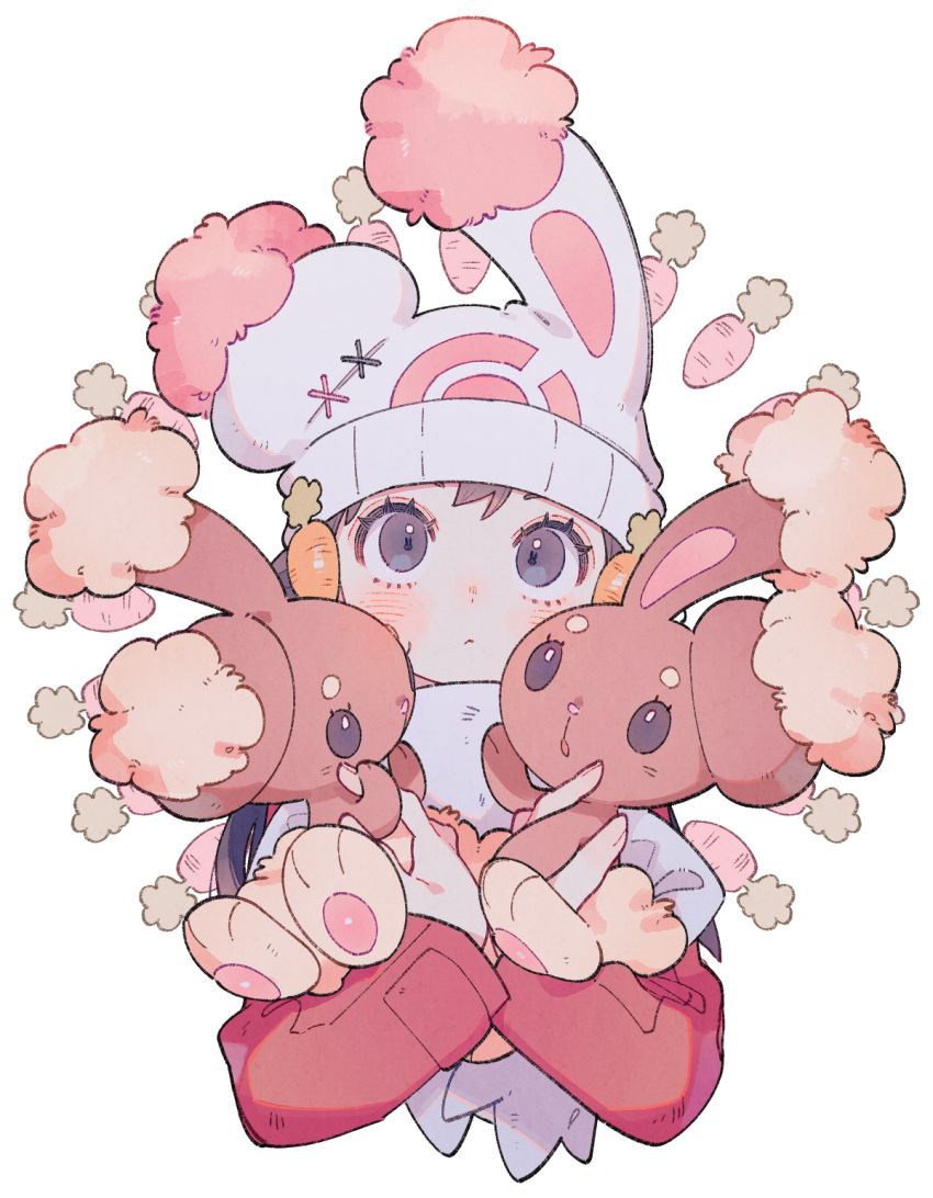 1girl animal_ears beanie black_hair blush buneary carrot carrot_hair_ornament coat dawn_(pokemon) fake_animal_ears food-themed_hair_ornament grey_eyes hair_ornament hairclip hat highres long_hair looking_at_viewer oharu-chan poke_ball_print pokemon pokemon_(game) pokemon_dppt rabbit rabbit_ears red_coat scarf simple_background solo symbol-shaped_pupils upper_body white_background white_headwear white_scarf