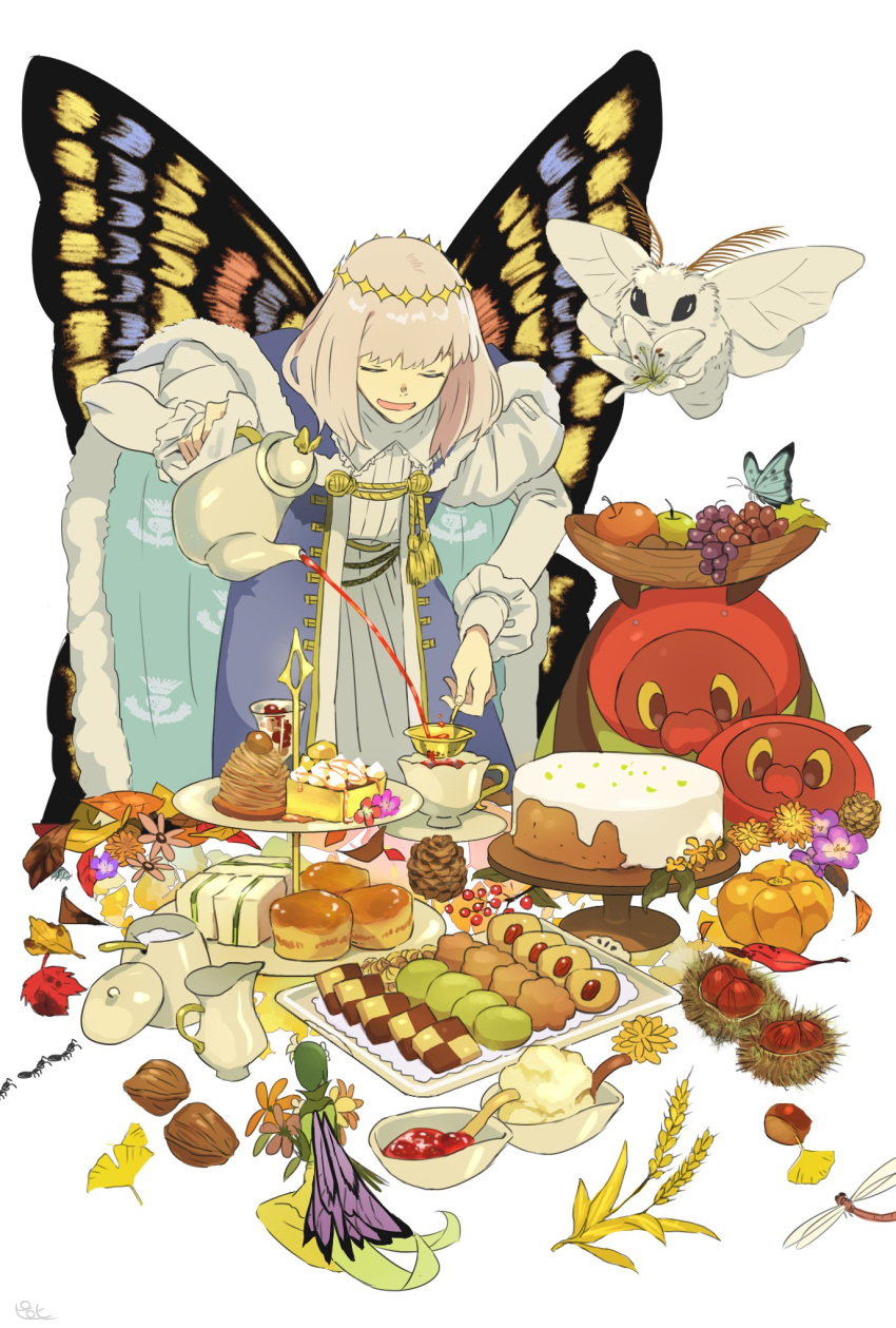 1boy :d ant apple autumn autumn_leaves blanca_(fate) blue_cloak blue_coat bug butterfly butterfly_wings cake cake_stand checkerboard_cookie chestnut cloak closed_eyes coat commentary cookie cowboy_shot cream creamer_(vessel) cup diamond_hairband dragonfly fairy fate/grand_order fate_(series) flower food fruit fruit_bowl fur-trimmed_cloak fur_trim ginkgo_leaf grapes highres holding holding_teapot jam juliet_sleeves leaf lily_(flower) long_sleeves male_focus medium_hair mont_blanc_(food) moth oberon_(fate) open_clothes open_coat orange_flower osmanthus pinecone pirohi_(pirohi214) plate pouring puffy_sleeves pumpkin purple_flower robe sandwich scone simple_background sleeveless_coat smile solo spoon sugar_bowl tea tea_strainer teacup teapot tiered_tray walnut wheat white_background white_flower white_hair white_robe wings wooden_bowl worm