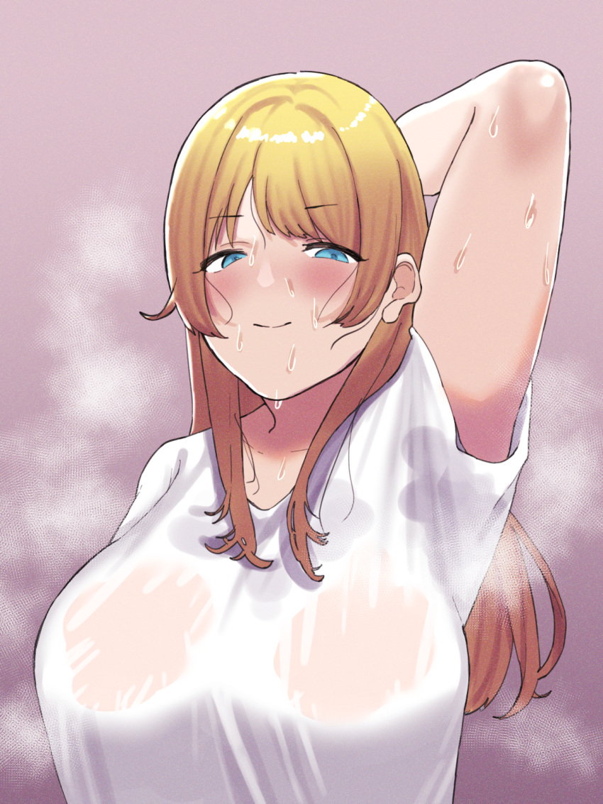 1girl arm_up armpits bangs bettkan blonde_hair blue_eyes breasts check_commentary commentary commentary_request gradient gradient_background hachimiya_meguru highres idolmaster idolmaster_shiny_colors large_breasts looking_at_viewer looking_down presenting_armpit see-through see-through_shirt sidelocks simple_background smell stained_clothes steaming_body sweat sweaty_clothes upper_body wet wet_clothes