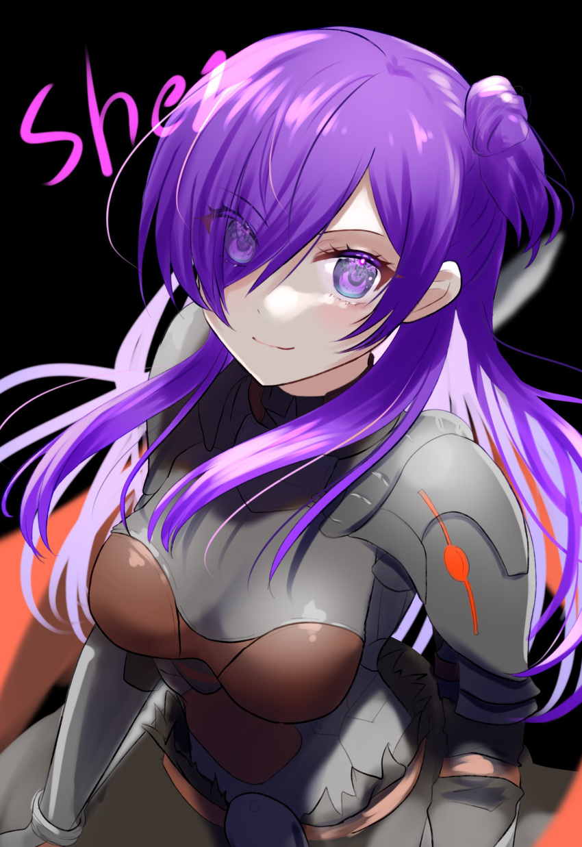 1girl absurdres armor bangs breasts cape cleavage closed_mouth fire_emblem fire_emblem:_three_houses fire_emblem_heroes fire_emblem_warriors:_three_hopes hair_bun hair_over_one_eye highres large_breasts long_hair looking_at_viewer medium_breasts mu_tu_bu purple_eyes purple_hair shez_(fire_emblem) shez_(fire_emblem)_(female) simple_background single_hair_bun smile solo