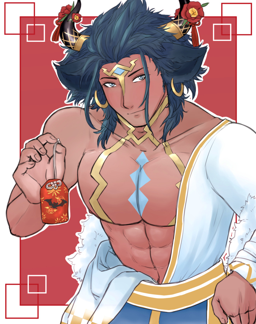 1boy abs animal_ears askr_(fire_emblem) askr_(new_year)_(fire_emblem) bara bare_pectorals cow_horns ear_piercing fire_emblem fire_emblem_heroes flower highres horns japanese_clothes kimono looking_at_viewer male_focus marhvee markings omamori partially_undressed pectorals peony_(flower) piercing solo white_kimono