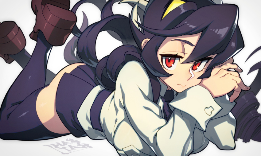 1girl artist_name ass black_hair black_necktie black_thighhighs breasts brown_footwear commentary expressionless extra_mouth feet_up filia_(skullgirls) futakuchi-onna hands_on_own_face hata4564 head_rest highres impossible_clothes large_breasts loafers long_hair looking_at_viewer lying microskirt necktie on_floor on_stomach prehensile_hair red_eyes samson_(skullgirls) sanpaku school_uniform shoes skirt skullgirls sleeve_cuffs solo thighhighs