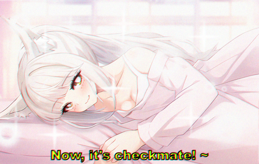 1990s_(style) 1boy 1girl :3 animal_ear_fluff animal_ears arknights bangs bed bed_sheet blurry blush bokeh breasts cleavage collarbone couple depth_of_field english_text film_grain highres holding lattekoi5252 long_hair looking_at_viewer lying on_side platinum_(arknights) ponytail pov retro_artstyle small_breasts smile sparkle sunlight window yellow_eyes
