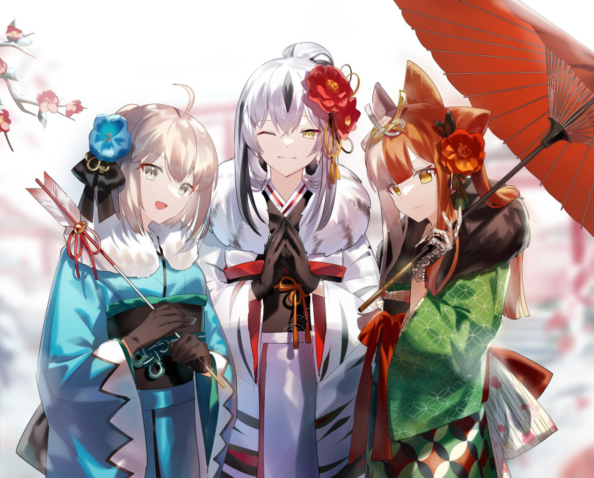 3girls ahoge arrow_(projectile) bangs black_bow black_gloves black_hair blonde_hair blue_kimono blunt_bangs blush bow breasts brown_hair closed_mouth fate/grand_order fate_(series) flower fur_collar gloves grape_(pixiv27523889) green_eyes green_kimono grey_hair hair_between_eyes hair_bow hair_flower hair_ornament half_updo hamaya highres izumo_no_okuni_(fate) japanese_clothes kimono koha-ace large_breasts long_hair long_sleeves looking_at_viewer medium_breasts multicolored_hair multiple_girls nagao_kagetora_(fate) oil-paper_umbrella okita_souji_(fate) okita_souji_(koha-ace) one_eye_closed open_mouth ponytail revision shinsengumi short_hair sidelocks smile split-color_hair two-tone_hair umbrella very_long_hair white_hair white_kimono wide_sleeves yellow_eyes