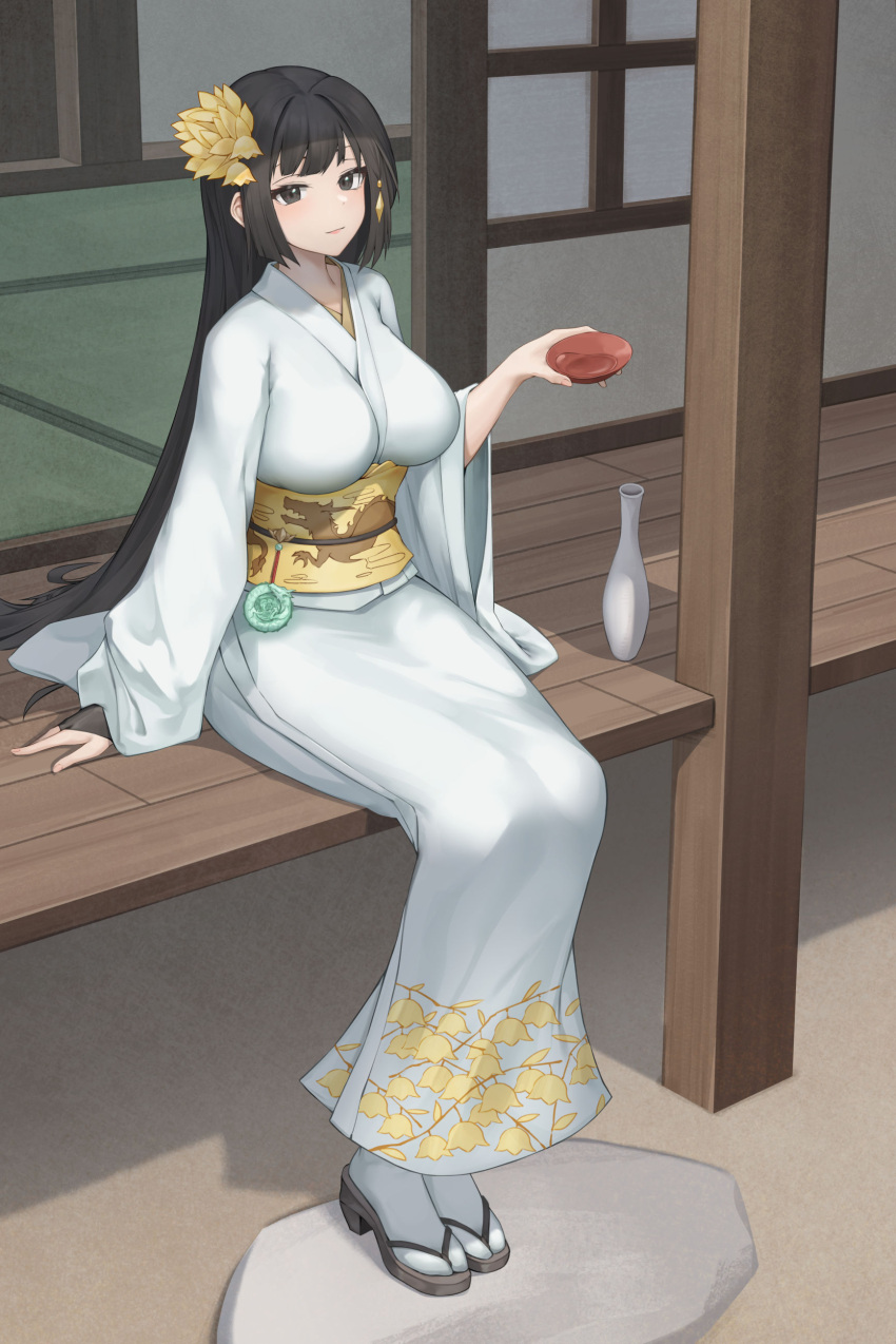 1girl absurdres black_eyes black_hair breasts cup feet flower hair_flower hair_ornament highres holding holding_cup japanese_clothes kimono long_hair medium_breasts miso_(b7669726) obi okobo open_door original porch sakazuki sash sitting sliding_doors socks solo tabi tatami tokkuri veranda very_long_hair white_kimono white_socks wide_sleeves yellow_flower