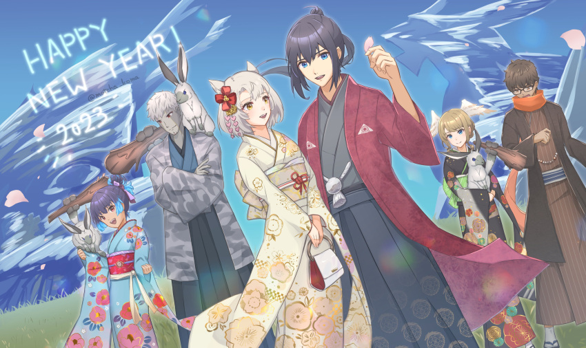 2023 3boys 3girls absurdres alternate_costume blue_sky chinese_zodiac colored_skin eunie_(xenoblade) fiery_hair glasses grey_skin haori happy_new_year head_wings highres japanese_clothes kimono lanz_(xenoblade) mio_(xenoblade) multiple_boys multiple_girls noah_(xenoblade) sena_(xenoblade) side_ponytail sky smile taion_(xenoblade) xenoblade_chronicles_(series) xenoblade_chronicles_3 yanagimachi year_of_the_rabbit