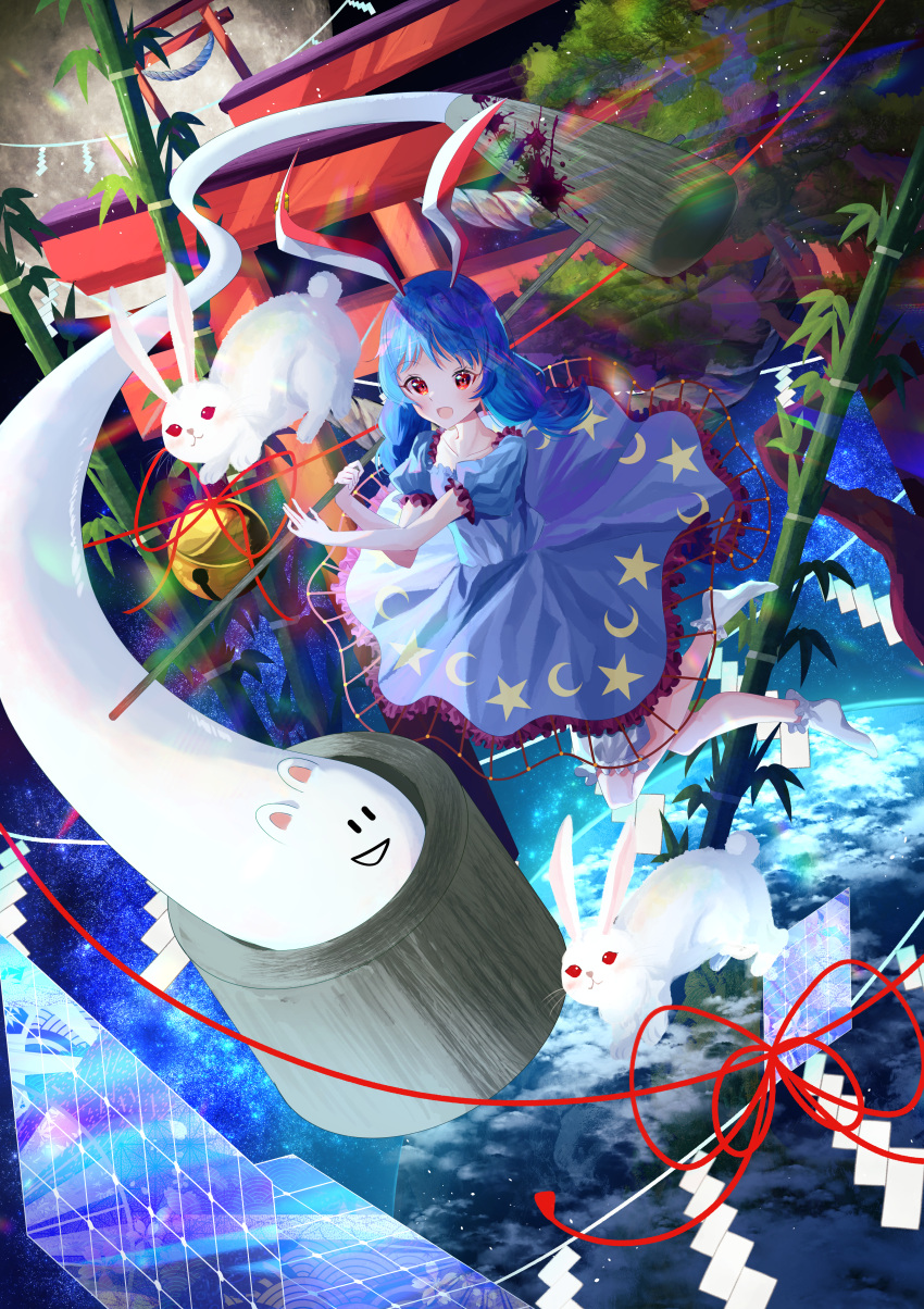 1girl :d absurdres ambiguous_red_liquid bamboo blue_dress blue_hair crescent_print dress food full_body highres kine long_hair low_twintails mallet mochi mochi_(touhou) nettian51 onbashira open_mouth outdoors rabbit red_eyes seiran_(touhou) shide smile star_(symbol) star_print torii touhou twintails