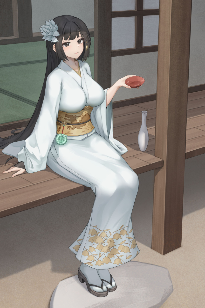 1girl absurdres black_eyes black_hair breasts cup feet flower hair_flower hair_ornament highres holding holding_cup japanese_clothes kimono long_hair medium_breasts miso_(b7669726) obi okobo open_door original porch sakazuki sash sitting sliding_doors socks solo tabi tatami tokkuri veranda very_long_hair white_flower white_kimono white_socks wide_sleeves