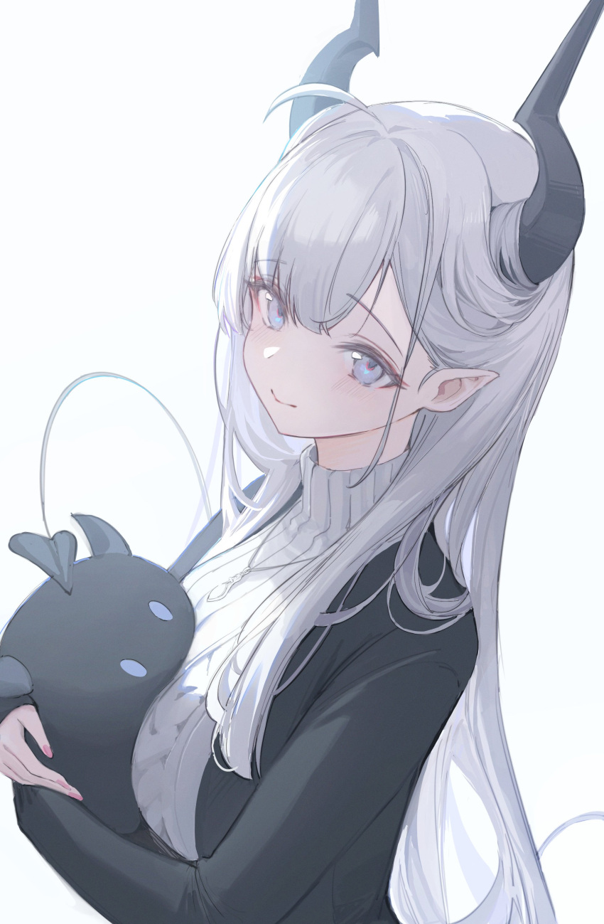 1girl absurdres ahoge bad_id bad_twitter_id black_horns blue_eyes commentary demon_girl demon_horns demon_tail highres horns long_hair long_sleeves looking_at_viewer nekojira original pointy_ears simple_background sweater symbol-only_commentary tail thea_(nekojira) turtleneck turtleneck_sweater upper_body white_background white_hair white_sweater