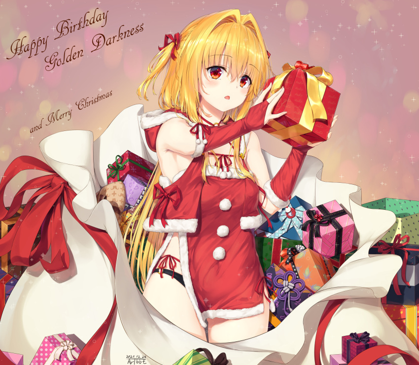 1girl ass_visible_through_thighs bangs bare_shoulders black_panties blonde_hair blush box breasts capelet christmas dated dress elbow_gloves fingerless_gloves fur-trimmed_capelet fur-trimmed_dress fur-trimmed_hood fur_trim gift gift_bag gift_box gloves hair_between_eyes hair_ribbon hand_up happy_birthday highres holding holding_gift hood konjiki_no_yami long_hair looking_at_viewer merry_christmas multicolored_hair o-ring o-ring_bottom o-ring_panties o-ring_top open_mouth panties panty_peek pom_pom_(clothes) red_eyes red_ribbon ribbon ribbon-trimmed_clothes ribbon_trim santa_capelet santa_dress santa_gloves signature small_breasts solo sparkle standing star_(symbol) thighs to_love-ru traveler_(artbbt) two-tone_hair underwear very_long_hair