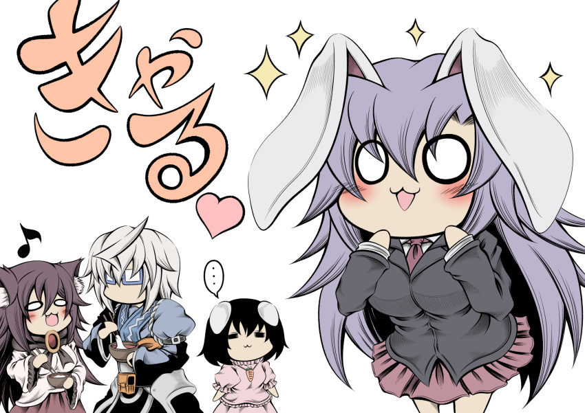 ... 0_0 1boy 3girls :3 =_= ahoge animal_ears black_hair blush bowl breasts brown_hair chibi chinese_zodiac chopsticks commentary_request eighth_note food glasses grey_hair hidefu_kitayan highres holding holding_bowl imaizumi_kagerou inaba_tewi jacket long_hair looking_at_viewer mochi morichika_rinnosuke multiple_girls musical_note necktie o_o purple_hair rabbit_ears reisen_udongein_inaba short_hair skirt sparkle spoken_ellipsis touhou translation_request white_background year_of_the_rabbit