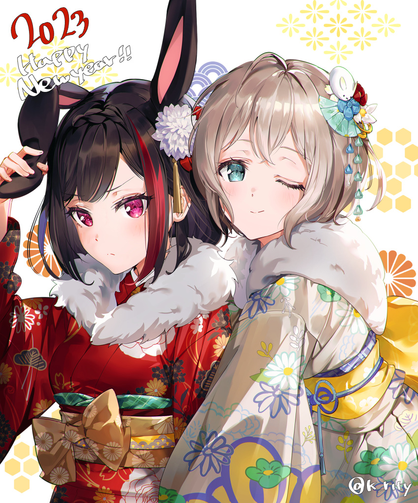 2023 2girls ;) alternate_hairstyle animal_ears aoba_moca aqua_eyes arm_at_side arm_up bang_dream! bangs blue_flower braid breasts closed_mouth commentary crossed_bangs fake_animal_ears floral_print flower frown fur-trimmed_kimono fur_trim grey_hair hair_flower hair_ornament happy_new_year heads_together highres japanese_clothes kikkoumon kikumon kimono light_blush long_sleeves looking_at_viewer medium_breasts mitake_ran multicolored_hair multiple_girls new_year obi obijime one_eye_closed patterned_background pink_eyes print_kimono rabbit_ears rabbit_hair_ornament red_flower red_hair red_kimono rity sakuramon sash seigaiha short_hair side-by-side smile standing streaked_hair tassel tassel_hair_ornament touching_ears twitter_username two-tone_hair v-shaped_eyebrows white_background white_flower white_kimono wide_sleeves