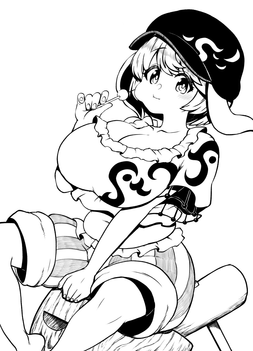 1girl absurdres animal_ears breasts cabbie_hat cleavage closed_mouth eating food hat high_contrast highres himajin_noizu holding holding_food huge_breasts kine looking_at_viewer mallet monochrome navel plump rabbit_ears rabbit_girl ringo_(touhou) shirt short_hair shorts simple_background solo striped striped_shorts touhou