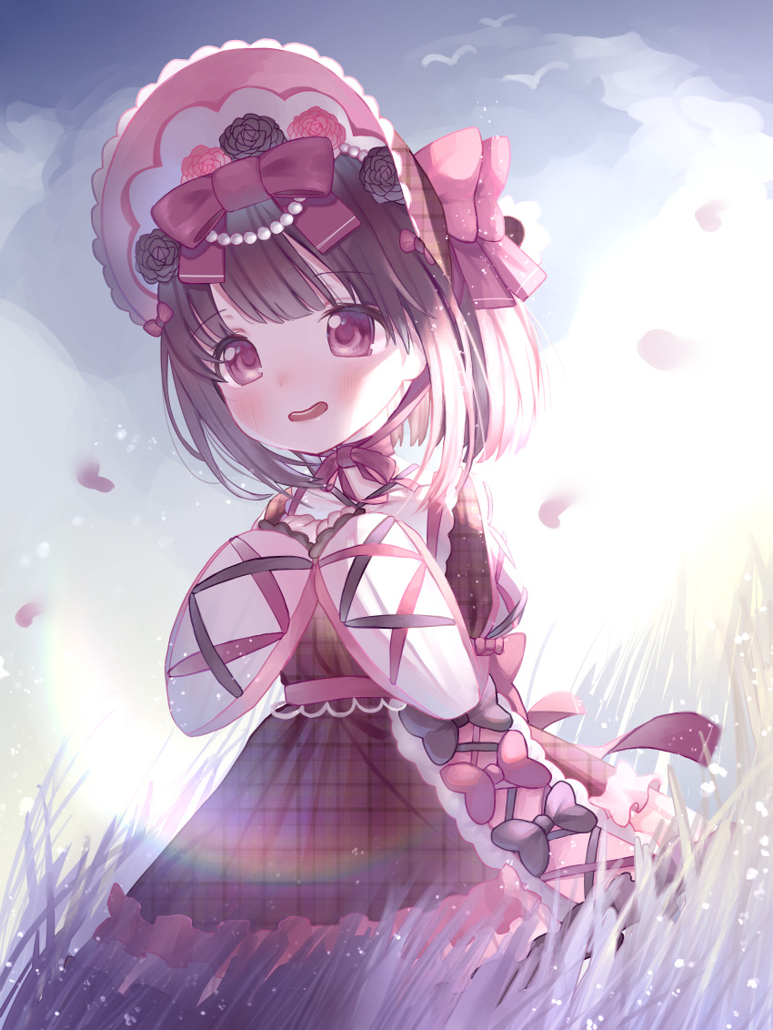 1girl absurdres back_bow black_flower black_rose blush bonnet bow brown_hair choker cowboy_shot cross-laced_dress fallenshadow flock flower grass hair_bow hair_flower hair_ornament highres indie_virtual_youtuber light_particles lolita_fashion nepunepu open_mouth outdoors own_hands_together petals pink_flower pink_rose purple_eyes ribbon ribbon_choker rose sidelighting sky sleeves_past_wrists smile solo tall_grass virtual_youtuber