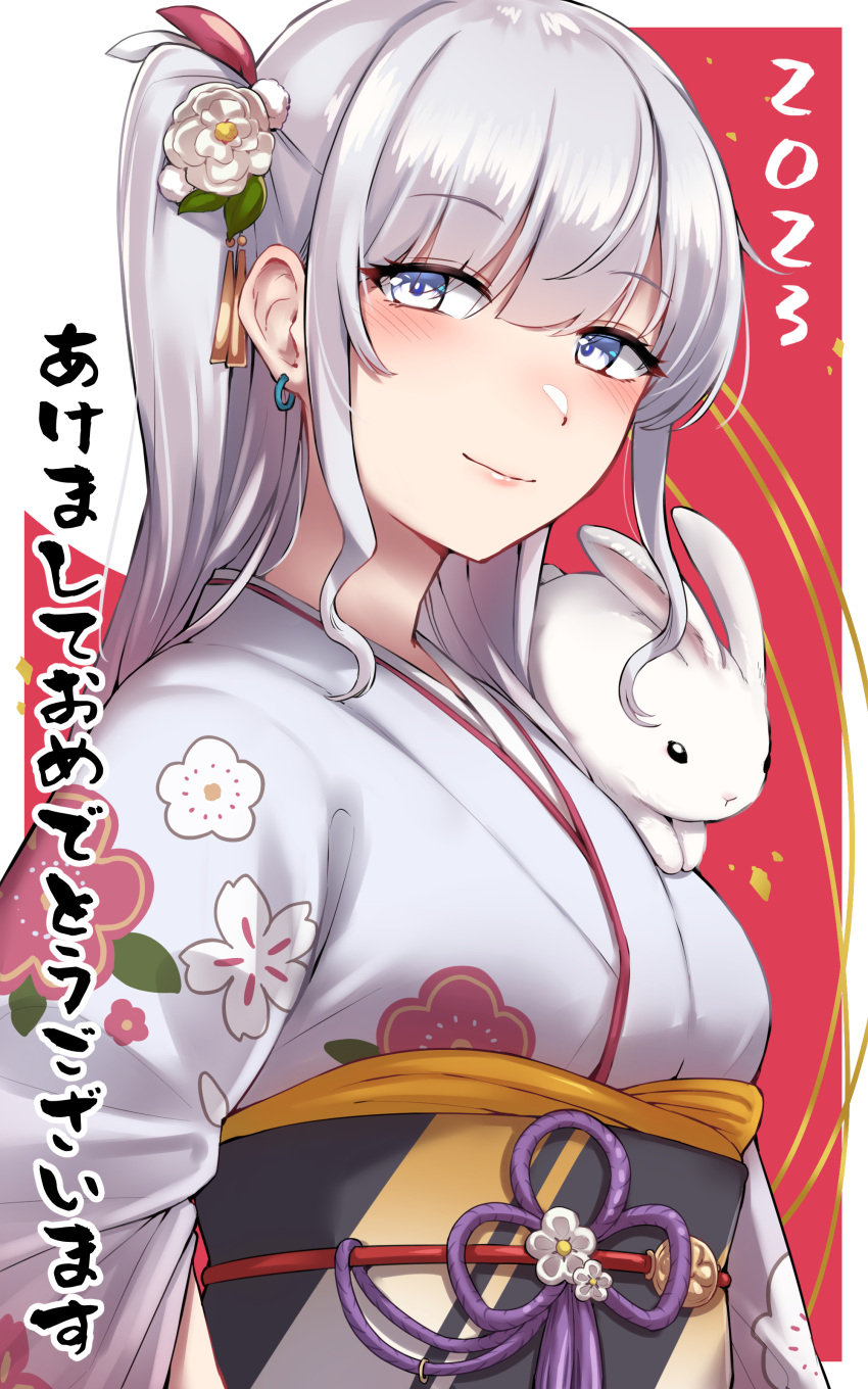 1girl 2023 absurdres animal blush chinese_zodiac closed_mouth commentary_request earrings floral_print fuyutsuki_(kancolle) grey_eyes grey_hair happy_new_year highres japanese_clothes jewelry kantai_collection kimono kiritto long_hair long_sleeves looking_at_viewer obi obiage obijime one_side_up print_kimono rabbit sakuramon sash smile solo tassel translation_request upper_body white_kimono wide_sleeves year_of_the_rabbit