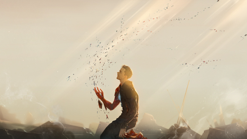 1boy animification armor asymmetrical_clothes avengers:_endgame avengers_(series) black_hair black_hoodie broken_armor eyokiki facial_hair from_side goatee highres hood hood_down hoodie long_sleeves looking_up marvel marvel_cinematic_universe ruins short_hair sky tony_stark wind