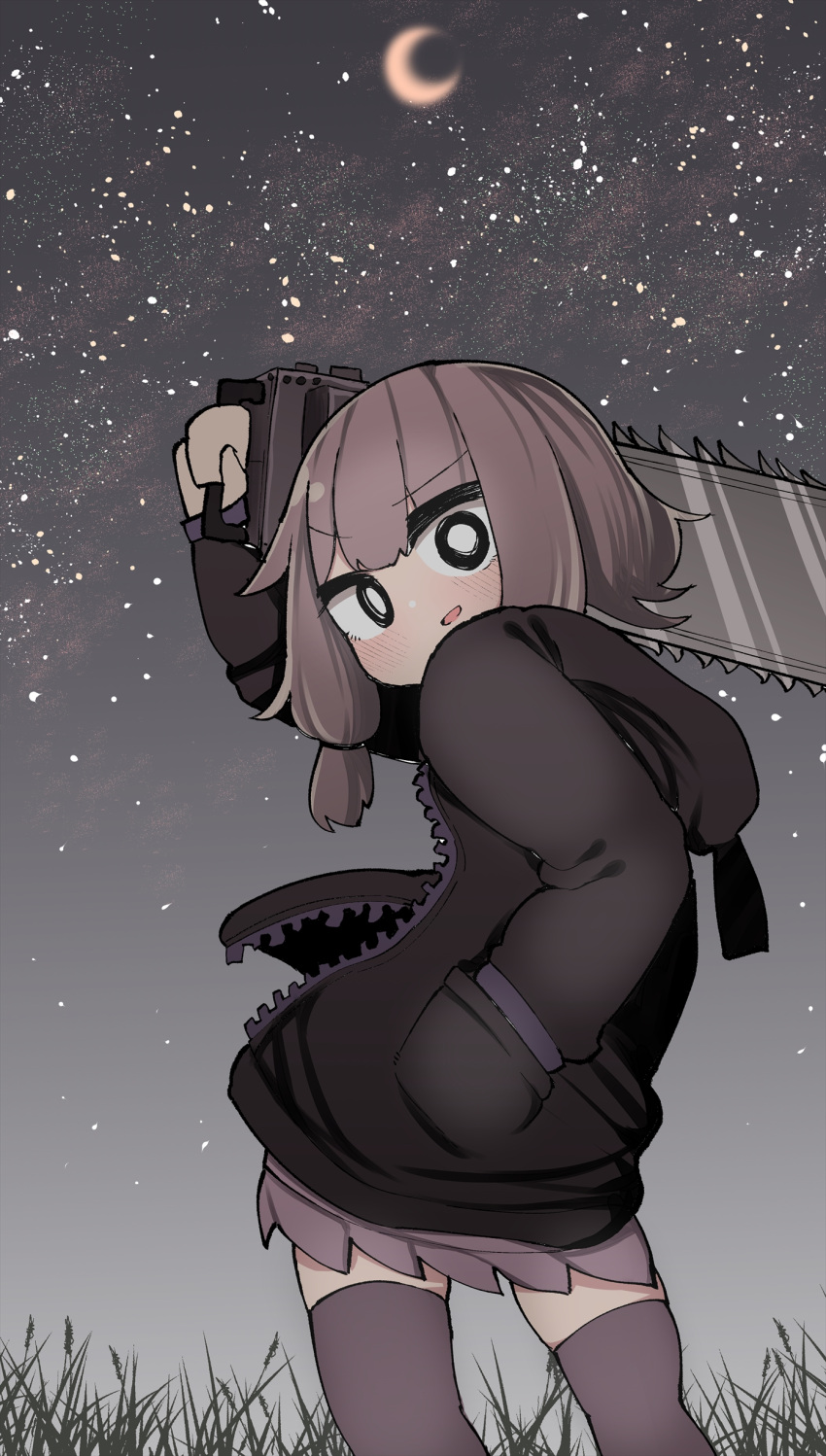1girl absurdres arm_up black_jacket bright_pupils chainsaw cowboy_shot crescent_moon from_behind grey_hair grey_skirt grey_thighhighs highres holding holding_chainsaw jacket long_sleeves looking_at_viewer looking_back medium_hair moon night night_sky outdoors pleated_skirt skirt sky solo star_(sky) starry_sky thighhighs touketumomomo voiceroid white_pupils yuzuki_yukari