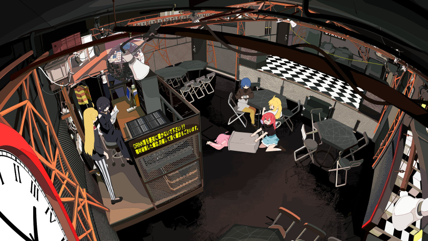 &gt;_&lt; 6+girls absurdres ahoge black_dress black_hair black_shirt blonde_hair blue_hair blue_skirt bocchi_the_rock! chair clock commentary dress from_above full_body gotou_hitori highres holding holding_phone ijichi_nijika ijichi_seika in_container in_trash_can indoors kita_ikuyo kneeling long_hair lying multiple_girls official_art on_ground on_stomach open_mouth pa-san pants phone pink_hair red_hair shirt skirt stage stairs striped striped_pants table taking_picture taracod trash_can vertical-striped_pants vertical_stripes white_shirt yamada_ryou