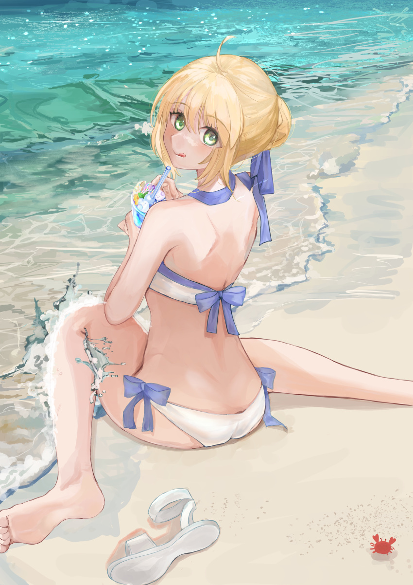 1girl absurdres ahoge artoria_pendragon_(fate) artoria_pendragon_(swimsuit_archer)_(fate) artoria_pendragon_(swimsuit_archer)_(first_ascension)_(fate) ass bangs barefoot beach bikini blonde_hair braid breasts butt_crack commentary_request crab day fate/grand_order fate_(series) from_behind green_eyes hair_ribbon highres looking_at_viewer medium_breasts nainairo323 outdoors ribbon saber sandals sandals_removed sitting slushie smile soles solo swimsuit tongue tongue_out wariza white_bikini