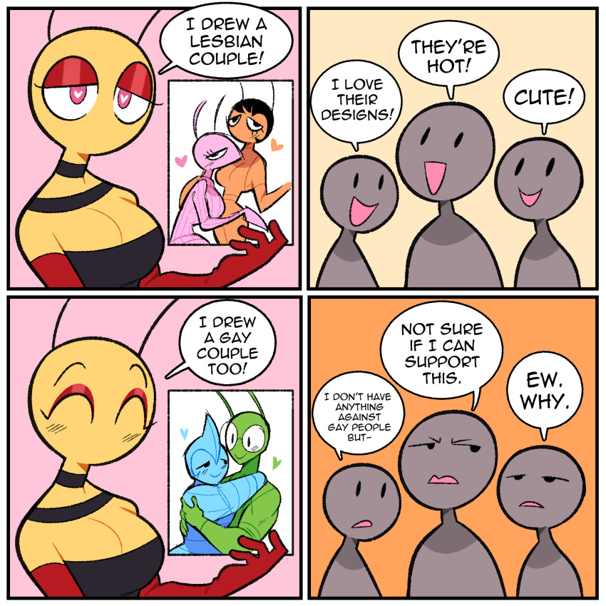 1girl 3others antennae arthropod_girl bee_girl breasts cleavage closed_eyes colored_skin english_text half-closed_eyes hand_up heart highres idolomantises multiple_others orange_background original picture_(object) pink_background speech_bubble yaoi yellow_background yellow_skin yuri